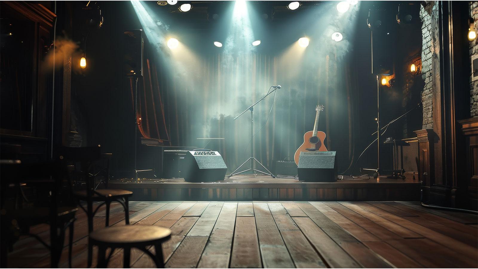 Bühne mit Scheinwerfern und einer Gitarre